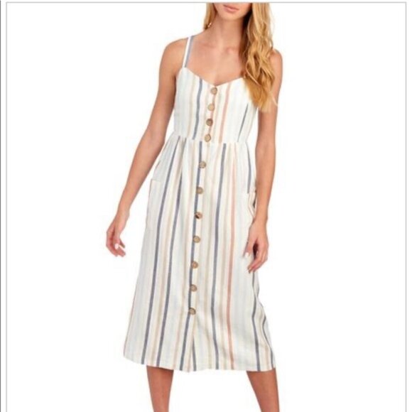 Everlily Striped Linen Blend Midi Sundress with Pockets Size Large - Picture 1 of 8